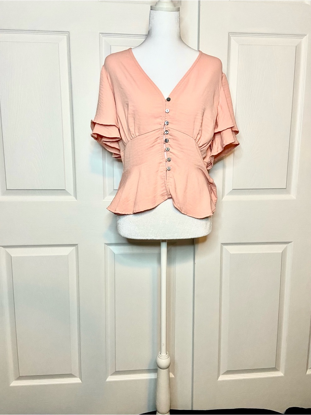 V-Neck Button Front Ruffle Blouse